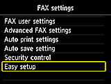 FAX settings screen: Select Easy setup